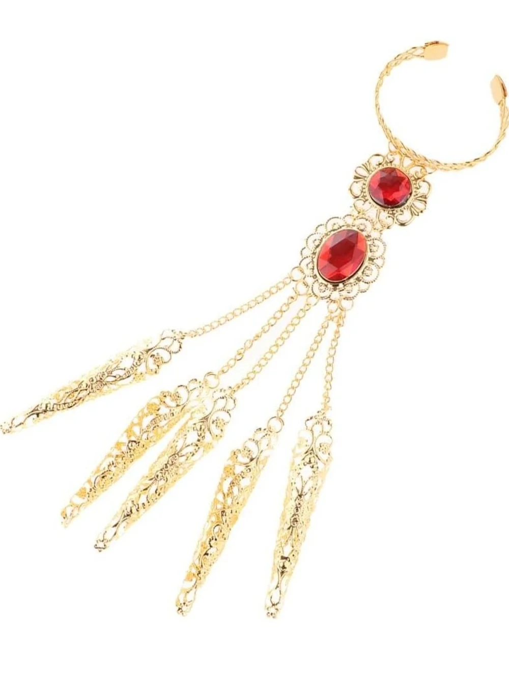 Gold Hand Chain Bracelet with Red Gem Accents